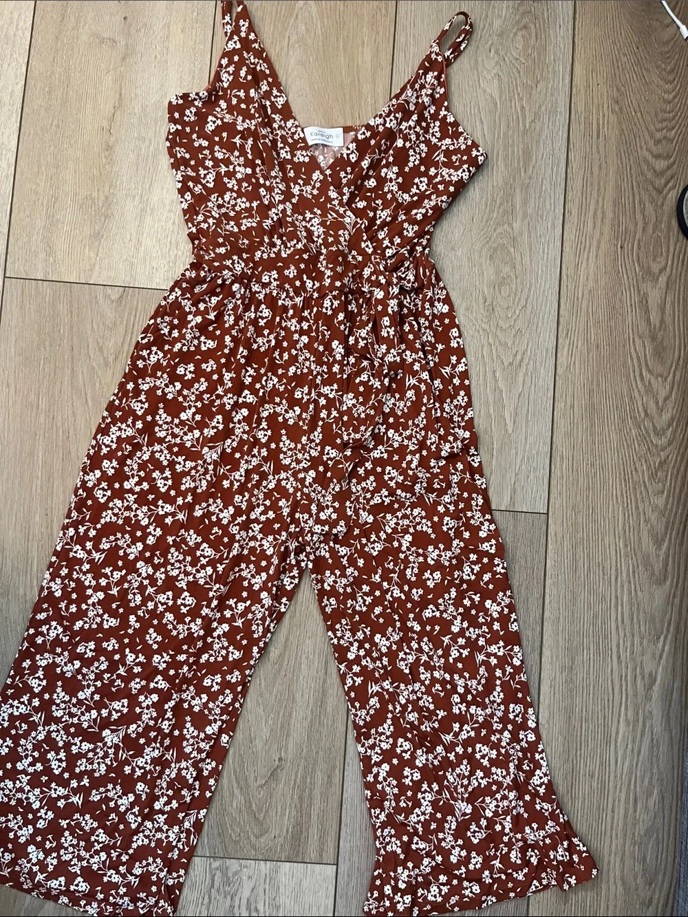 Kaileigh Rust Floral Spaghetti-Strap Wide-Leg capri- Jumpsuit